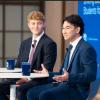 Kaedin Jaramillo (R), a student at Arizona State University, speaks alongside Austin Bourn (L), a student at Cornell University, about their experience in the AP Business and Personal Finance pilot course during the "From Classrooms to Careers" event at the U.S. Chamber of Commerce.